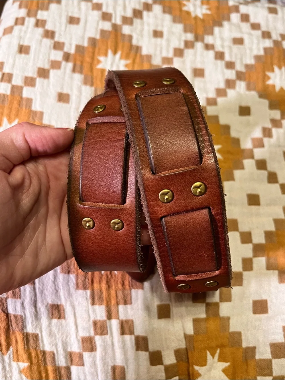 Lucky Brand brown woven leather studded belt men’s size 32 chunky brass buckle